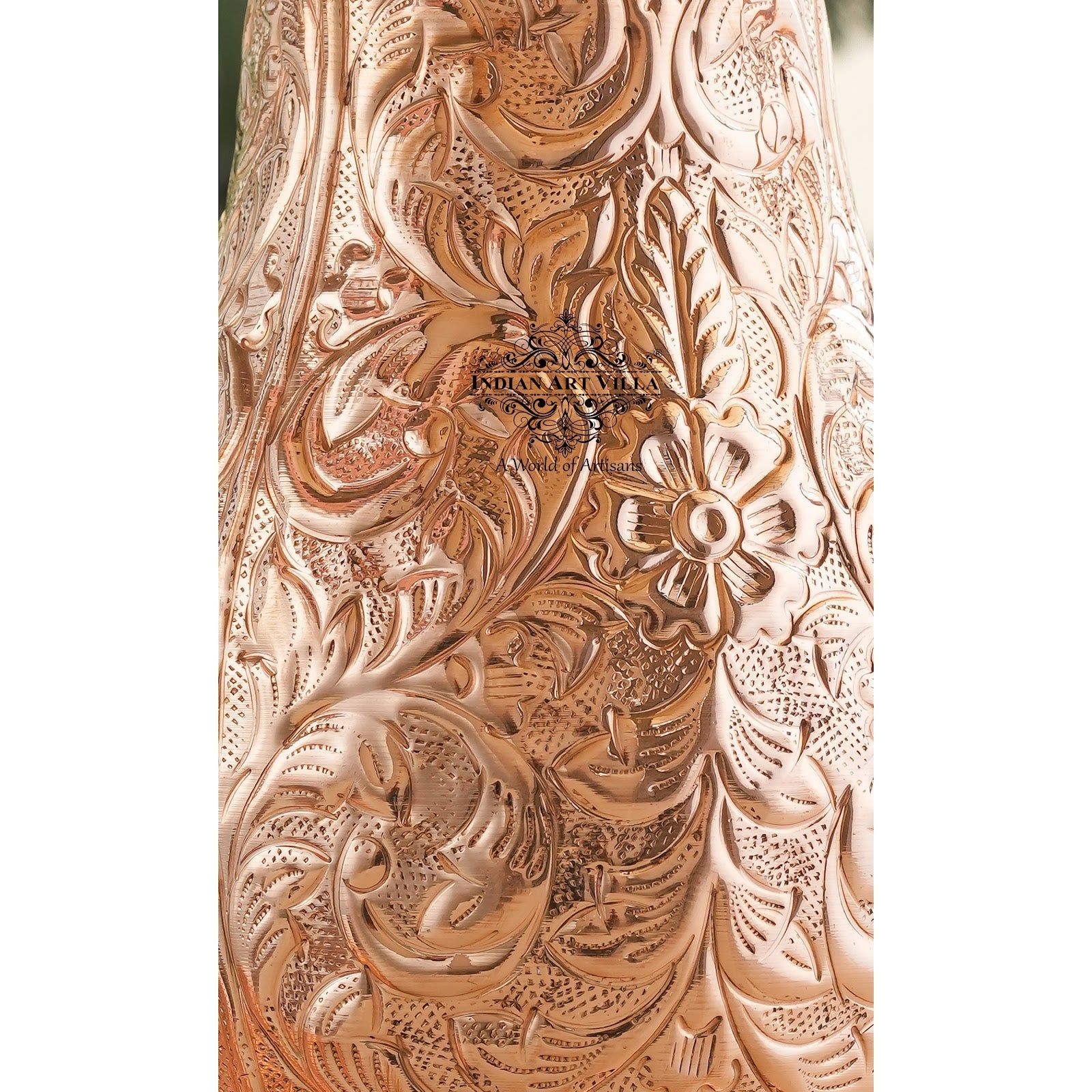 Pure copper antique hammered design mughlai jug with lid embossed, 1500 ML